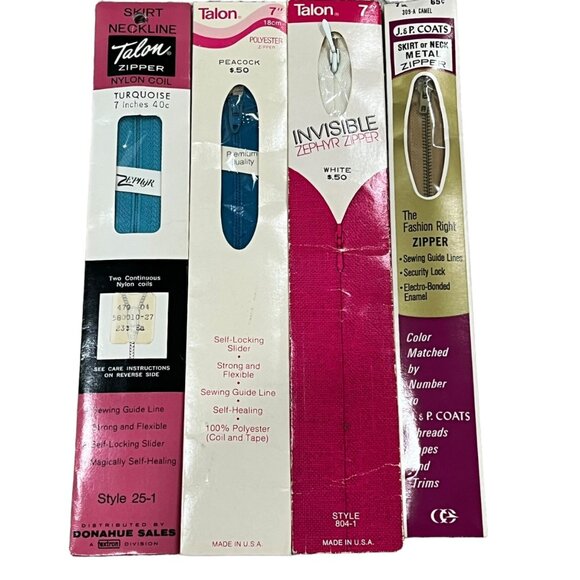 Vintage Talon & J.P. Coats Zippers Lot Of 4 Turquoise Peacock White & Camel  7" - Picture 2 of 2